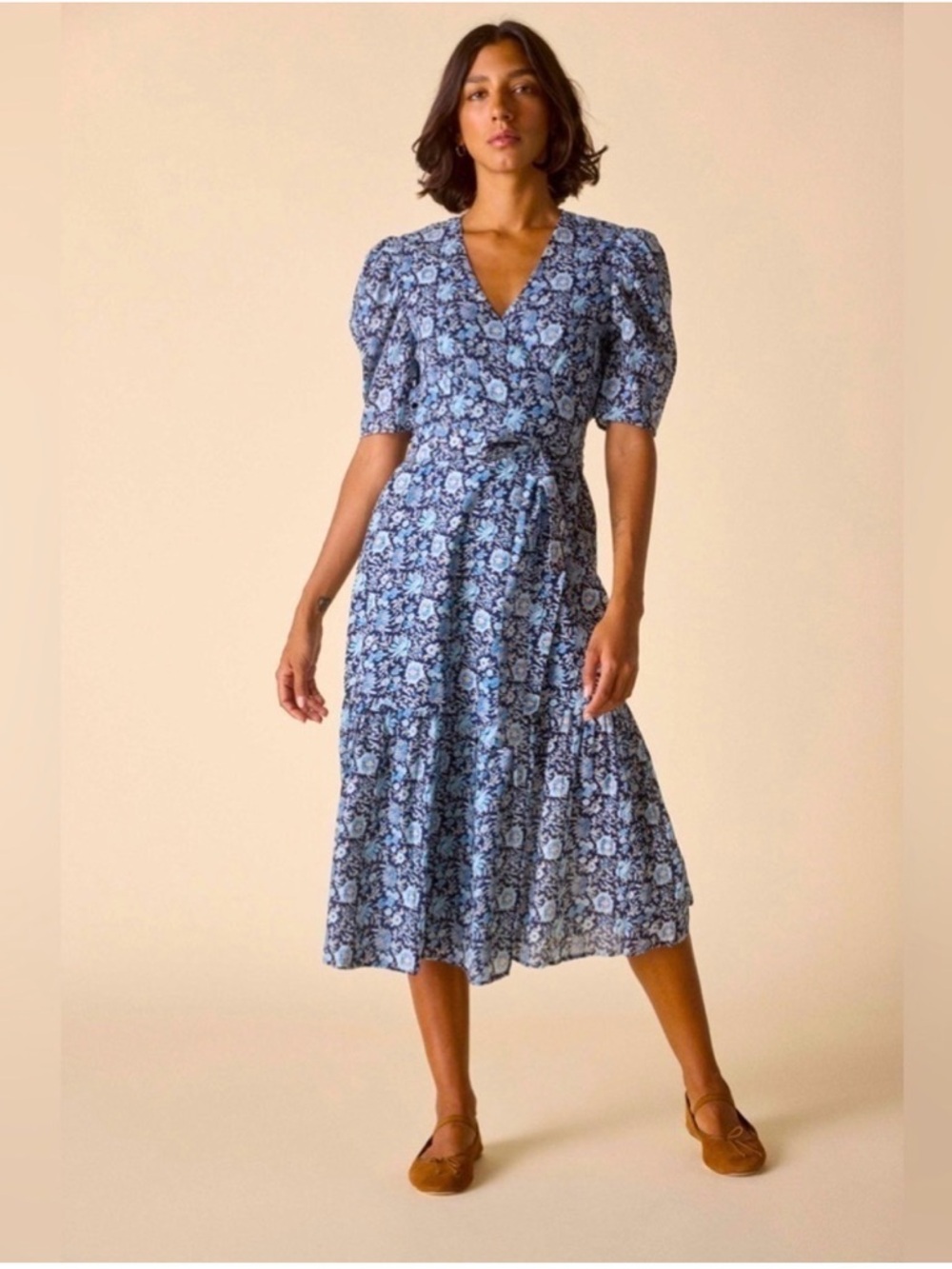 Blue Floral V-Neck Midi Dress